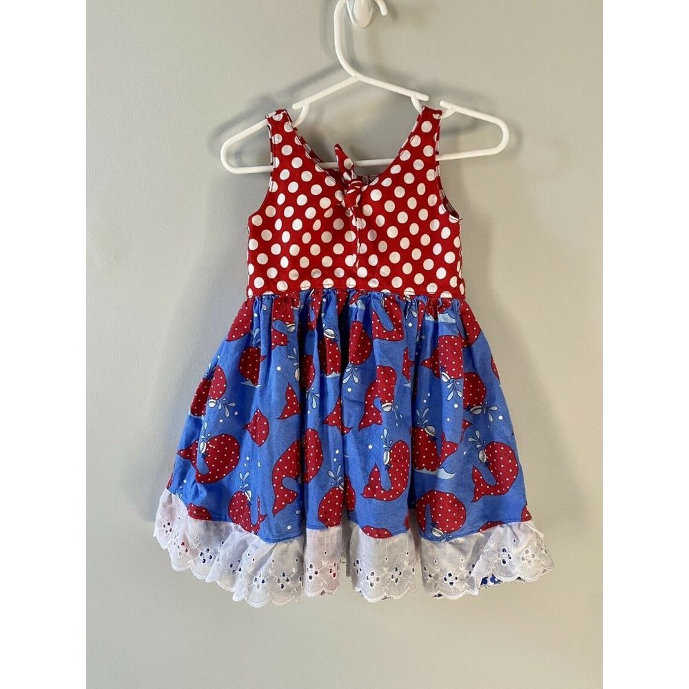 The Pink Crocodile whale dress 2T tie front red white blue 4th of july 